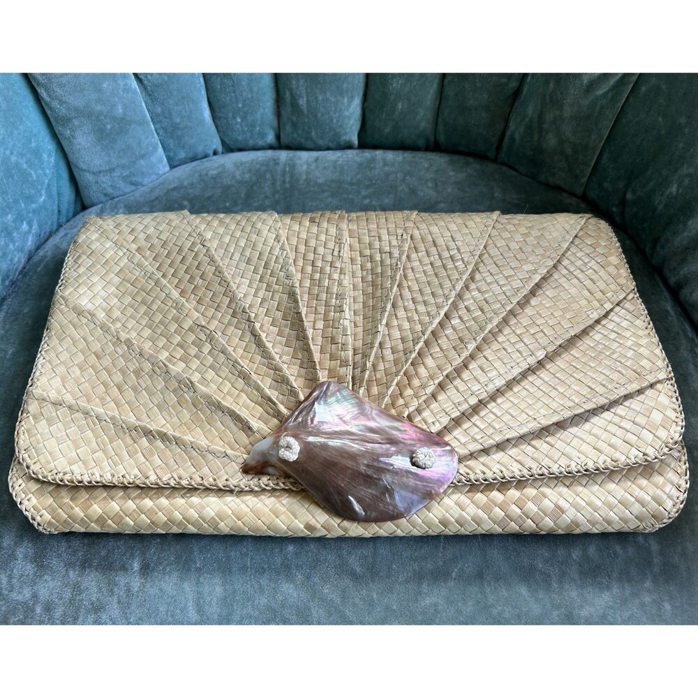 Vintage Woven Straw Envelope Clutch Bag Mother Of Pearl Raffia Coastal Mermaid